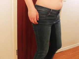 Girl Locked Out of Bathroom Wets Jeans and Satin Panties Throws Them Away