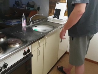 (M)essy peeing 08 - Very desperate while doing the dishes.
