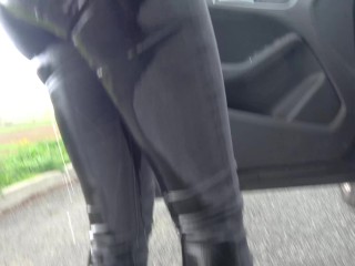 She needs to stop the car to pee but too late she soaks her pants