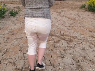 Alice wetting her pee stained white jeans in nature (from our compilation)